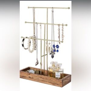 Gold Jewelry Stand with Wooden Base